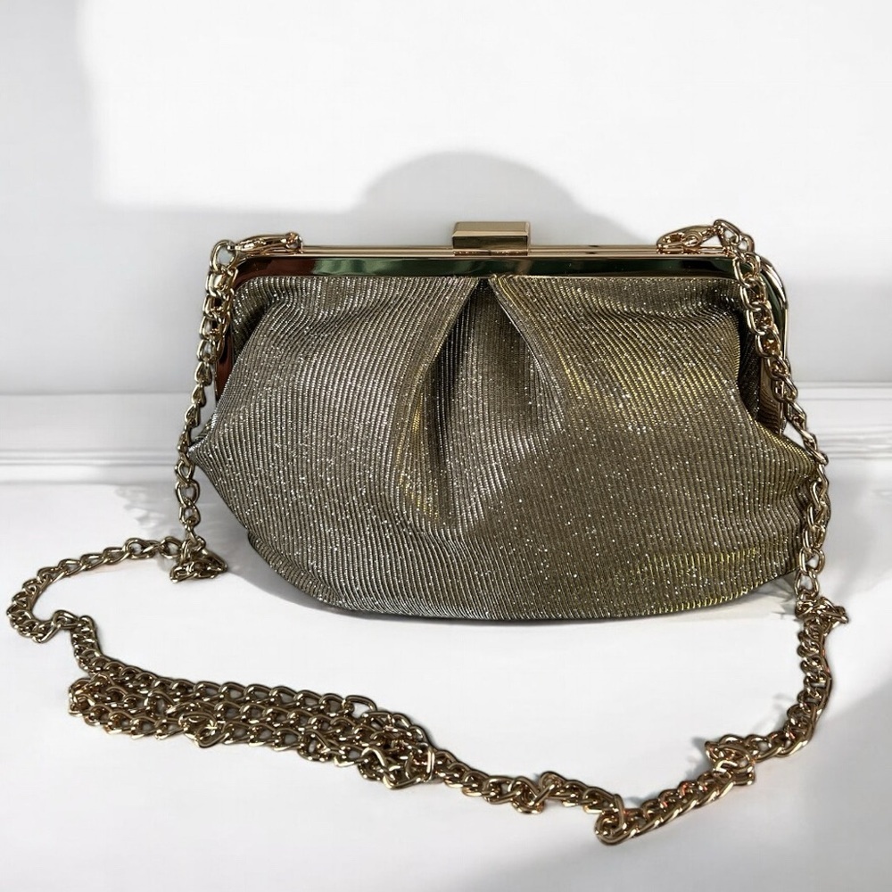 A New Day Metallic Shimmer Twinkle Gold Clutch Shoulder Bag Gold Accent Chain